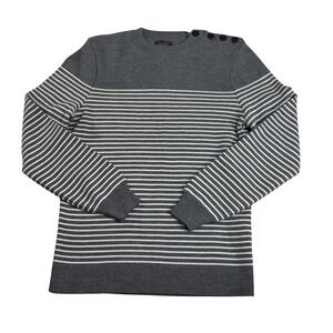 NWOT ZARA MAN‎ Grey Sweater White Stripe Crew Neck Button Shoulder Mens M